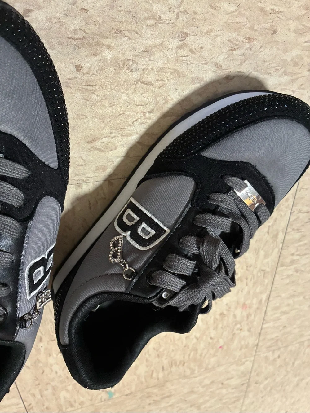 bebe Black & Gray Women’s Casual Sneakers with Rhinestone 'B' Charm
